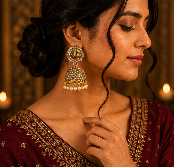 Antique Gold American Diamond Pearl Jhumka Earrings with Peacock Motif