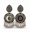 Oxidised Silver Round Tribal Statement Earrings with Bell Drops