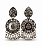 Oxidised Silver Round Tribal Statement Earrings with Bell Drops