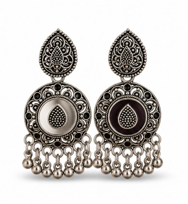 Oxidised Silver Round Tribal Statement Earrings with Bell Drops