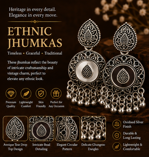 Oxidised Silver Round Tribal Statement Earrings with Bell Drops