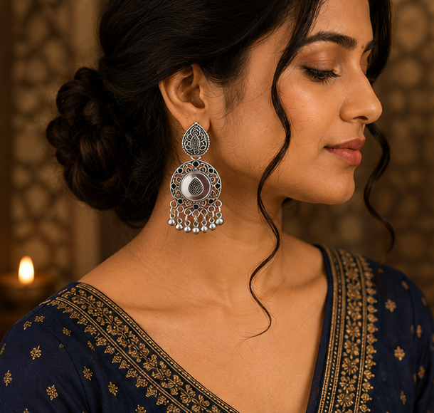 Oxidised Silver Round Tribal Statement Earrings with Bell Drops