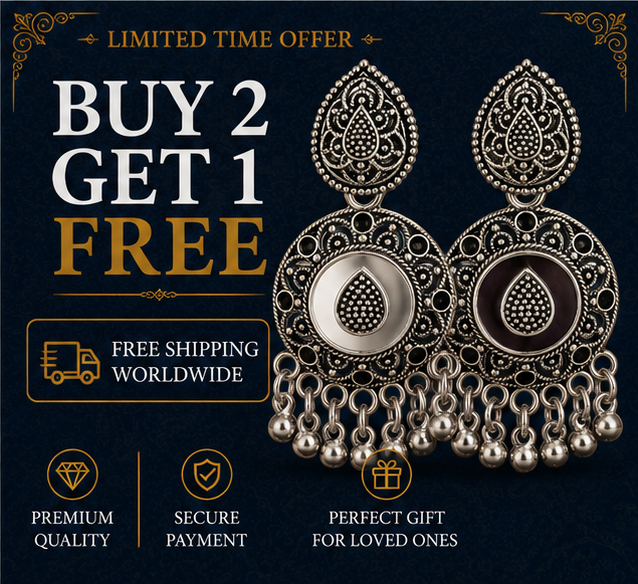 Oxidised Silver Round Tribal Statement Earrings with Bell Drops