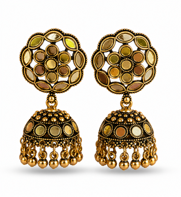 Antique Gold Mirror Work Jhumka Earrings for Women