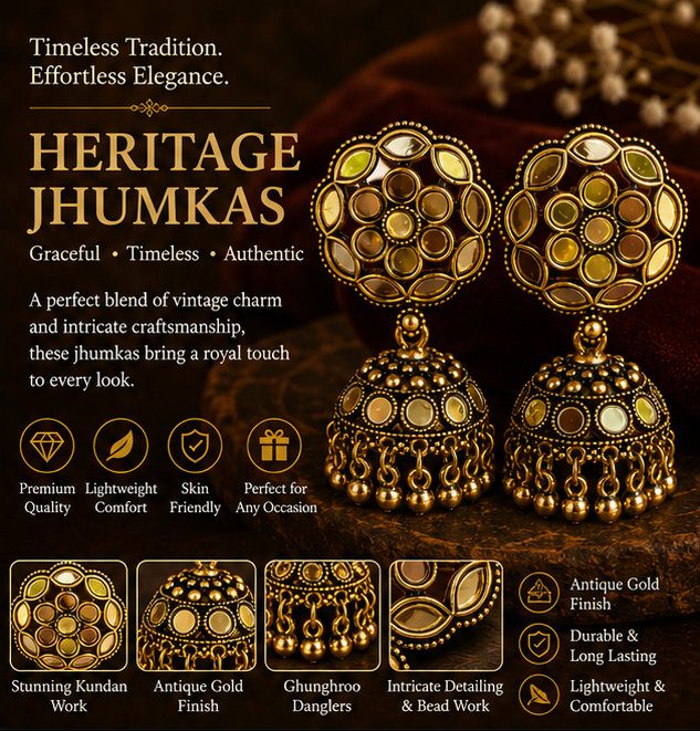 Antique Gold Mirror Work Jhumka Earrings for Women