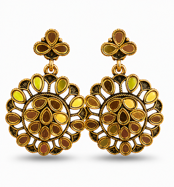 Antique Gold Floral Mirror Work Statement Earrings for Women