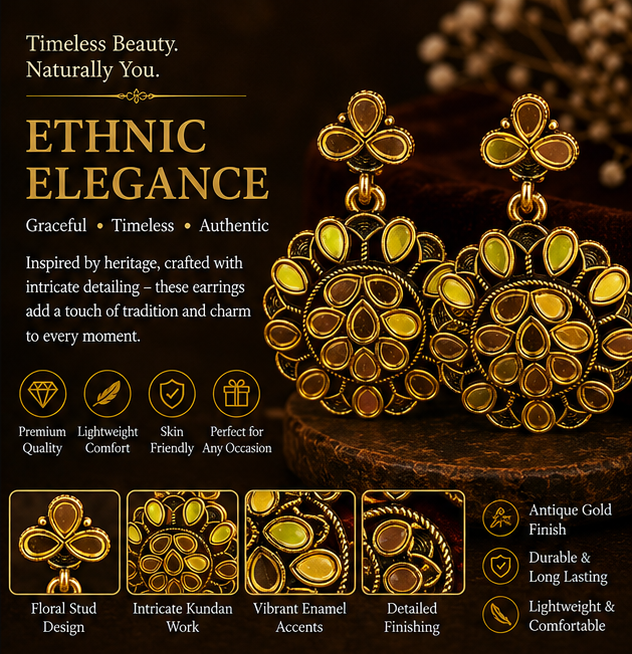 Antique Gold Floral Mirror Work Statement Earrings for Women