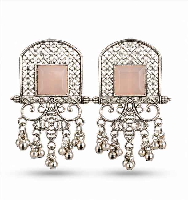 Oxidised Silver Pink Stone Statement Dangler Earrings with Bell Charms