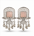 Oxidised Silver Pink Stone Statement Dangler Earrings with Bell Charms