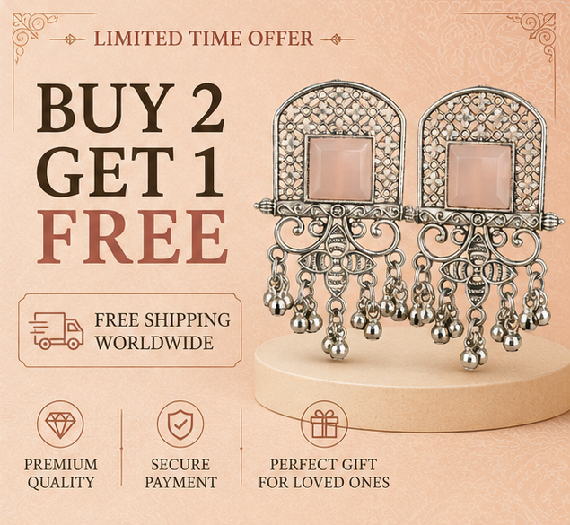 Oxidised Silver Pink Stone Statement Dangler Earrings with Bell Charms