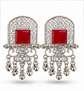 Oxidised Silver Red Stone Statement Dangler Earrings with Bell Charms