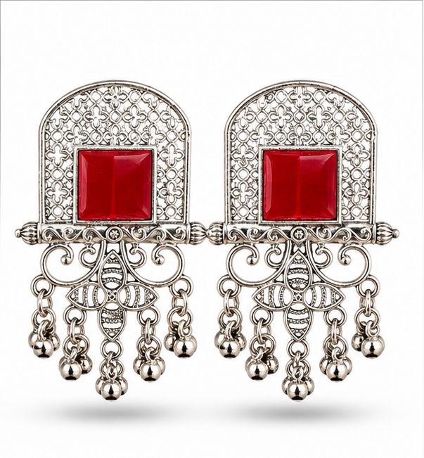 Oxidised Silver Red Stone Statement Dangler Earrings with Bell Charms