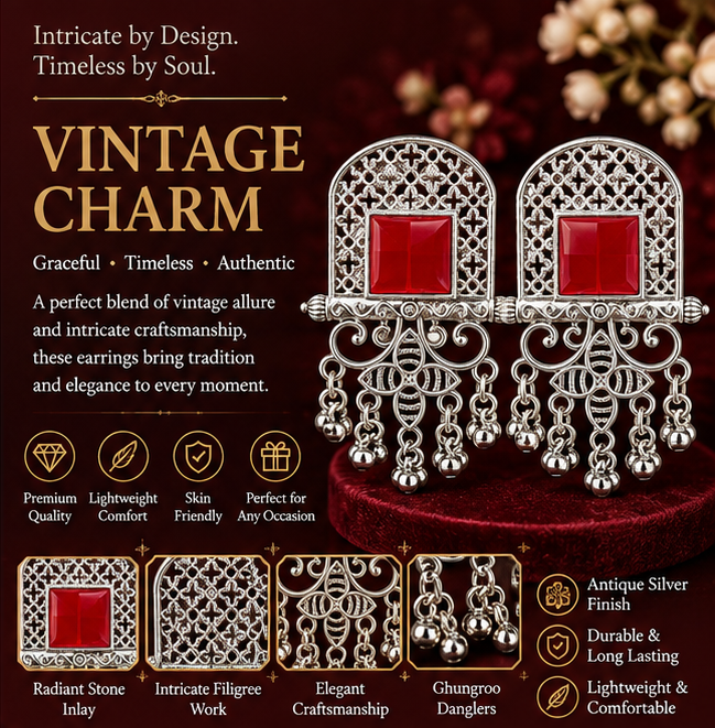 Oxidised Silver Red Stone Statement Dangler Earrings with Bell Charms