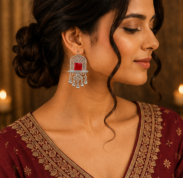 Oxidised Silver Red Stone Statement Dangler Earrings with Bell Charms