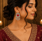 Oxidised Silver Red Stone Statement Dangler Earrings with Bell Charms