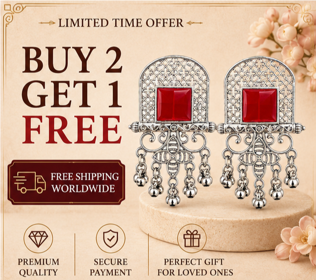 Oxidised Silver Red Stone Statement Dangler Earrings with Bell Charms