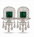 Oxidised Silver Green Stone Statement Dangler Earrings with Bell Charms