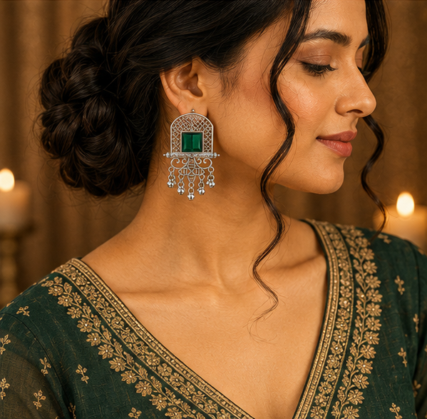 Oxidised Silver Green Stone Statement Dangler Earrings with Bell Charms