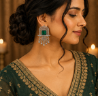 Oxidised Silver Green Stone Statement Dangler Earrings with Bell Charms