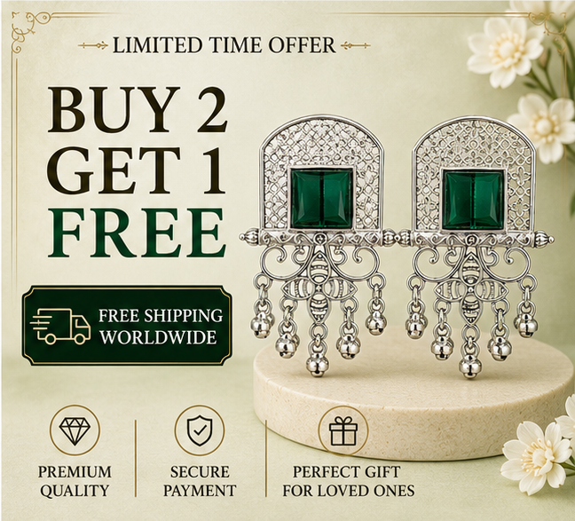 Oxidised Silver Green Stone Statement Dangler Earrings with Bell Charms