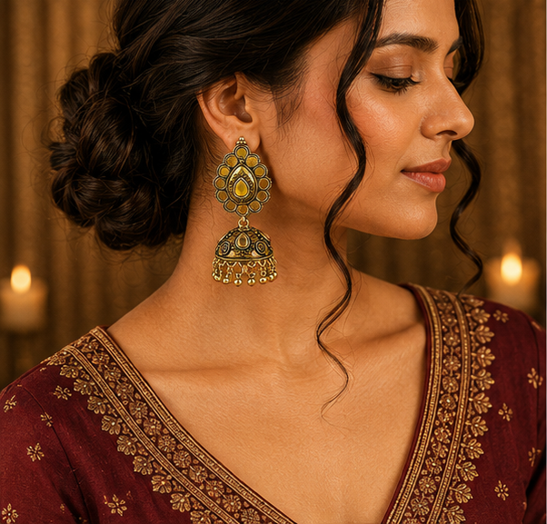 Oxidised Gold Mirror Work Jhumka Earrings – Traditional Party Wear