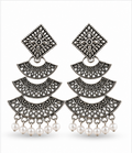 Oxidised Silver Layered Fan Pearl Dangler Earrings