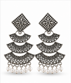 Oxidised Silver Layered Fan Pearl Dangler Earrings