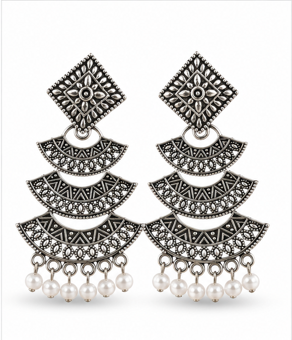 Oxidised Silver Layered Fan Pearl Dangler Earrings