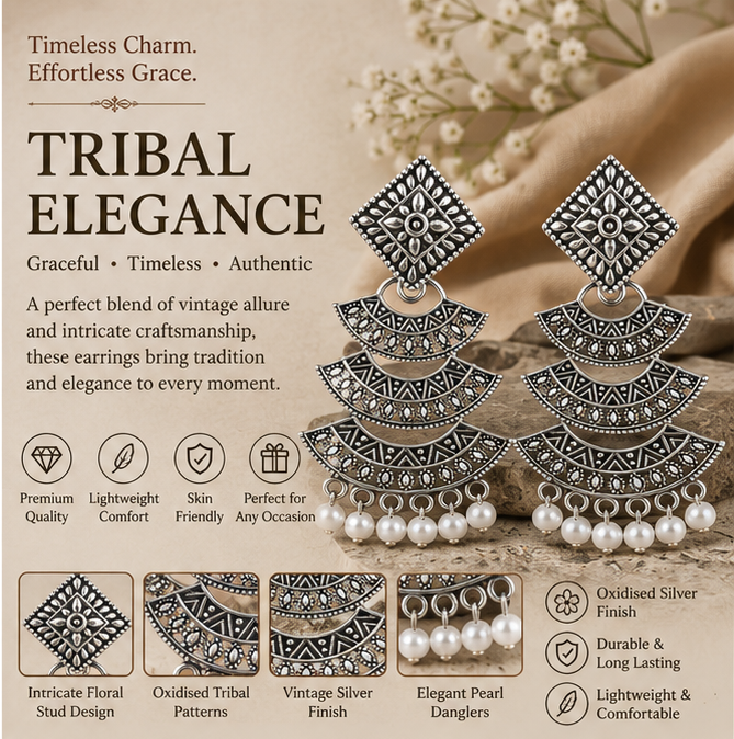 Oxidised Silver Layered Fan Pearl Dangler Earrings