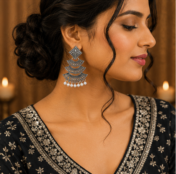 Oxidised Silver Layered Fan Pearl Dangler Earrings