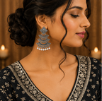 Oxidised Silver Layered Fan Pearl Dangler Earrings