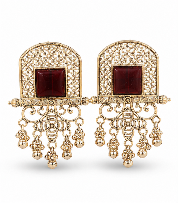 Antique Gold Square Ruby Stone Statement Earrings with Dangler Bells