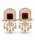 Antique Gold Square Ruby Stone Statement Earrings with Dangler Bells