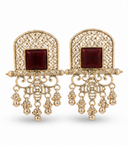 Antique Gold Square Ruby Stone Statement Earrings with Dangler Bells