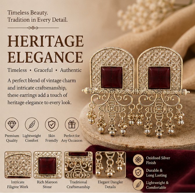 Antique Gold Square Ruby Stone Statement Earrings with Dangler Bells