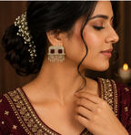 Antique Gold Square Ruby Stone Statement Earrings with Dangler Bells