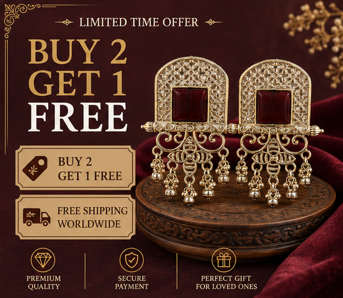 Antique Gold Square Ruby Stone Statement Earrings with Dangler Bells