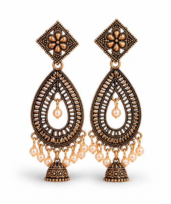 Antique Gold Teardrop Pearl Jhumka Dangler Earrings for Women