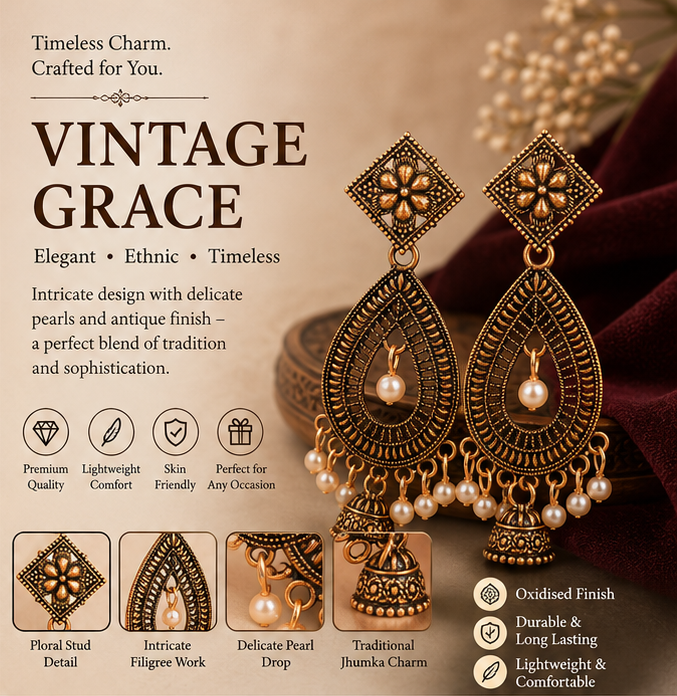 Antique Gold Teardrop Pearl Jhumka Dangler Earrings for Women