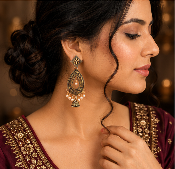 Antique Gold Teardrop Pearl Jhumka Dangler Earrings for Women