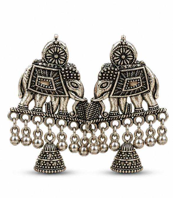 Oxidised Silver Elephant Jhumka Earrings – Tribal Ethnic Statement Jewellery