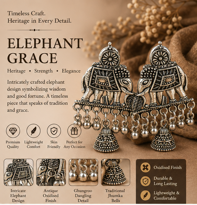 Oxidised Silver Elephant Jhumka Earrings – Tribal Ethnic Statement Jewellery