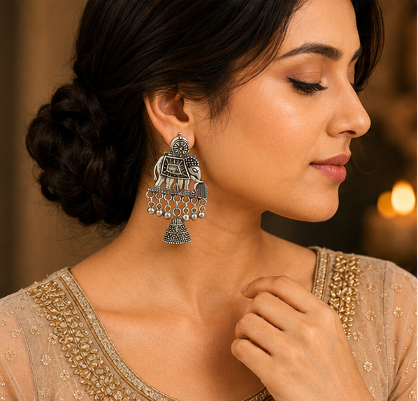 Oxidised Silver Elephant Jhumka Earrings – Tribal Ethnic Statement Jewellery