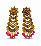 Antique Gold Layered Tribal Dangler Earrings with Pink Bead Drops