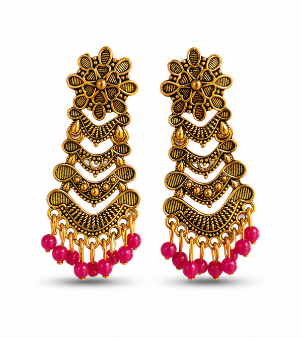 Antique Gold Layered Tribal Dangler Earrings with Pink Bead Drops