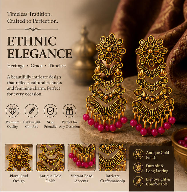 Antique Gold Layered Tribal Dangler Earrings with Pink Bead Drops