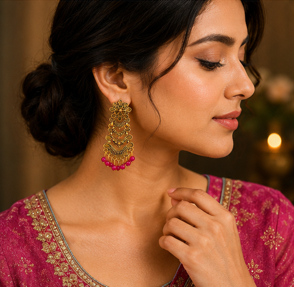 Antique Gold Layered Tribal Dangler Earrings with Pink Bead Drops