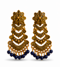 Antique Gold Layered Tribal Dangler Earrings with Navy Blue Beads
