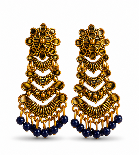 Antique Gold Layered Tribal Dangler Earrings with Navy Blue Beads