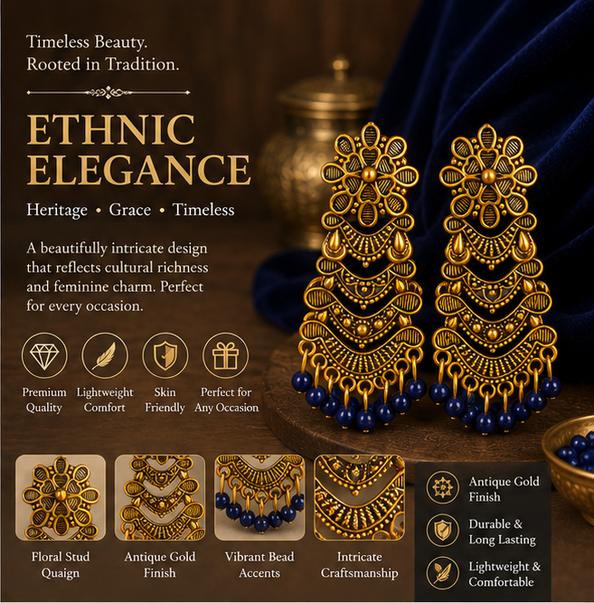 Antique Gold Layered Tribal Dangler Earrings with Navy Blue Beads